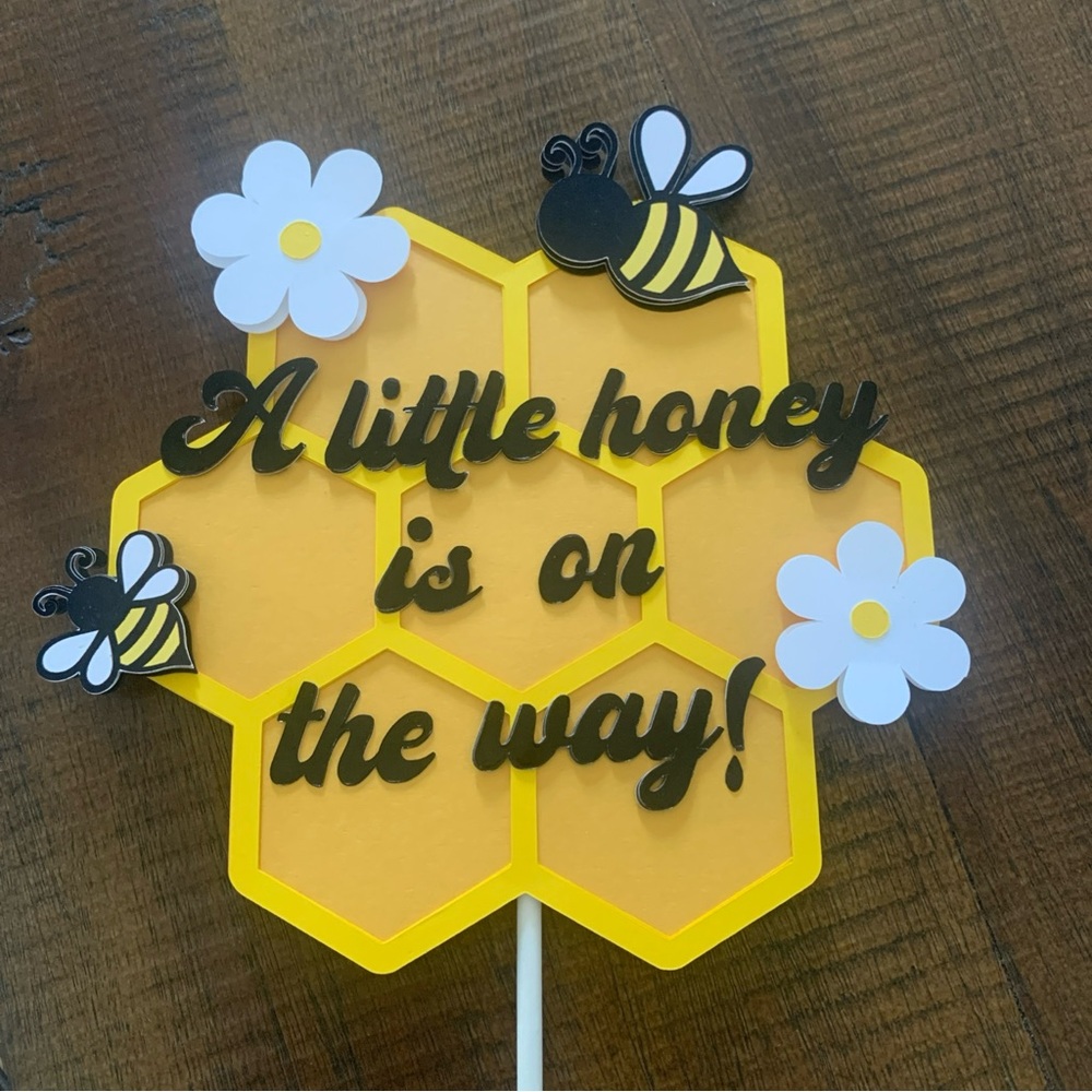 Yellow Honeycomb Baby Shower Cake Topper with Bees and Flowers